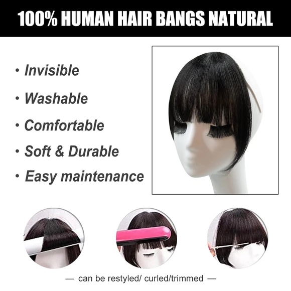 Human Hair Bangs Hair Clip, 360° Cover Clip in Bangs, Brown Black - Picture 11 of 12
